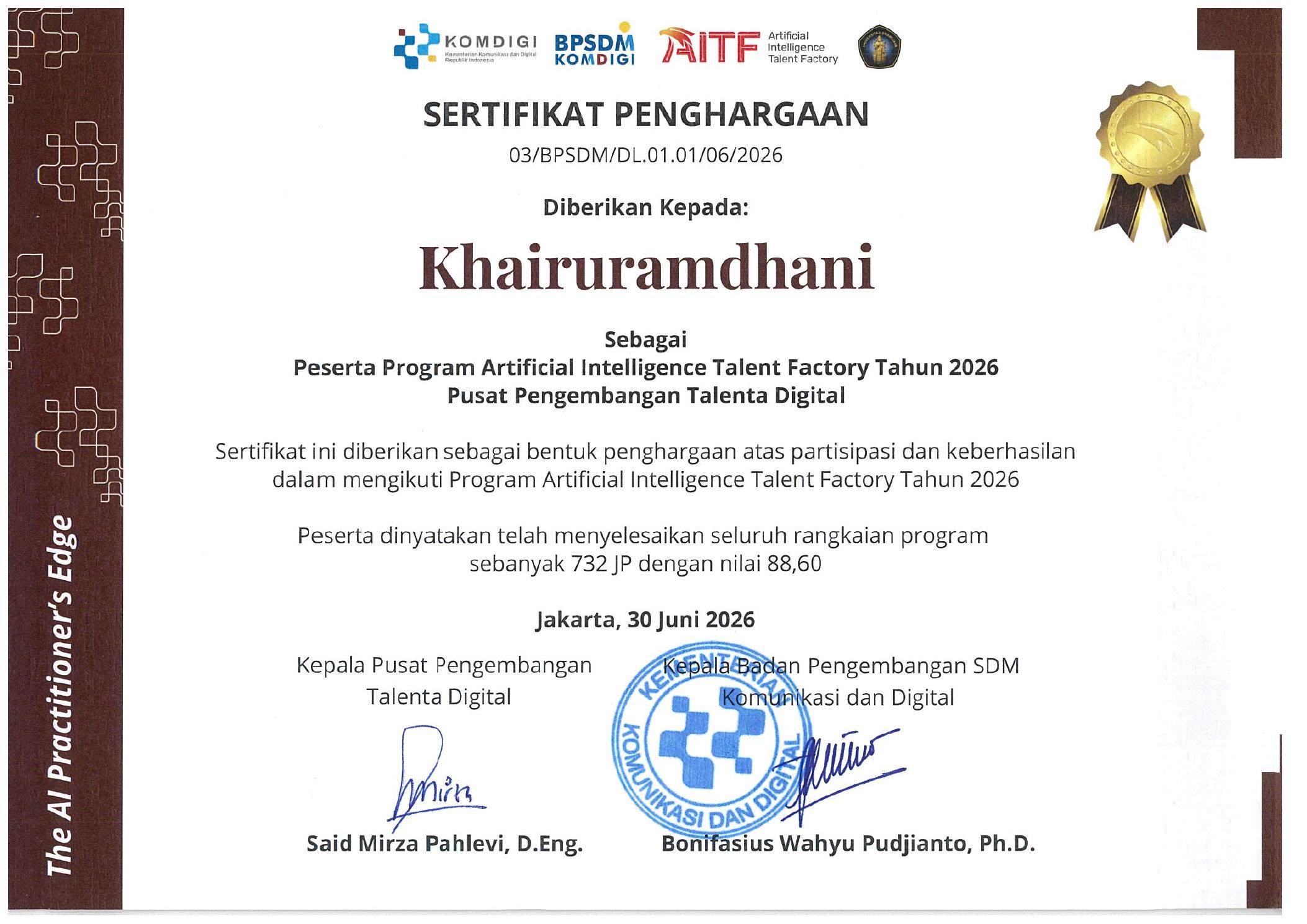 Official AITF Certificate of Appreciation — Artificial Intelligence Talent Factory 2026