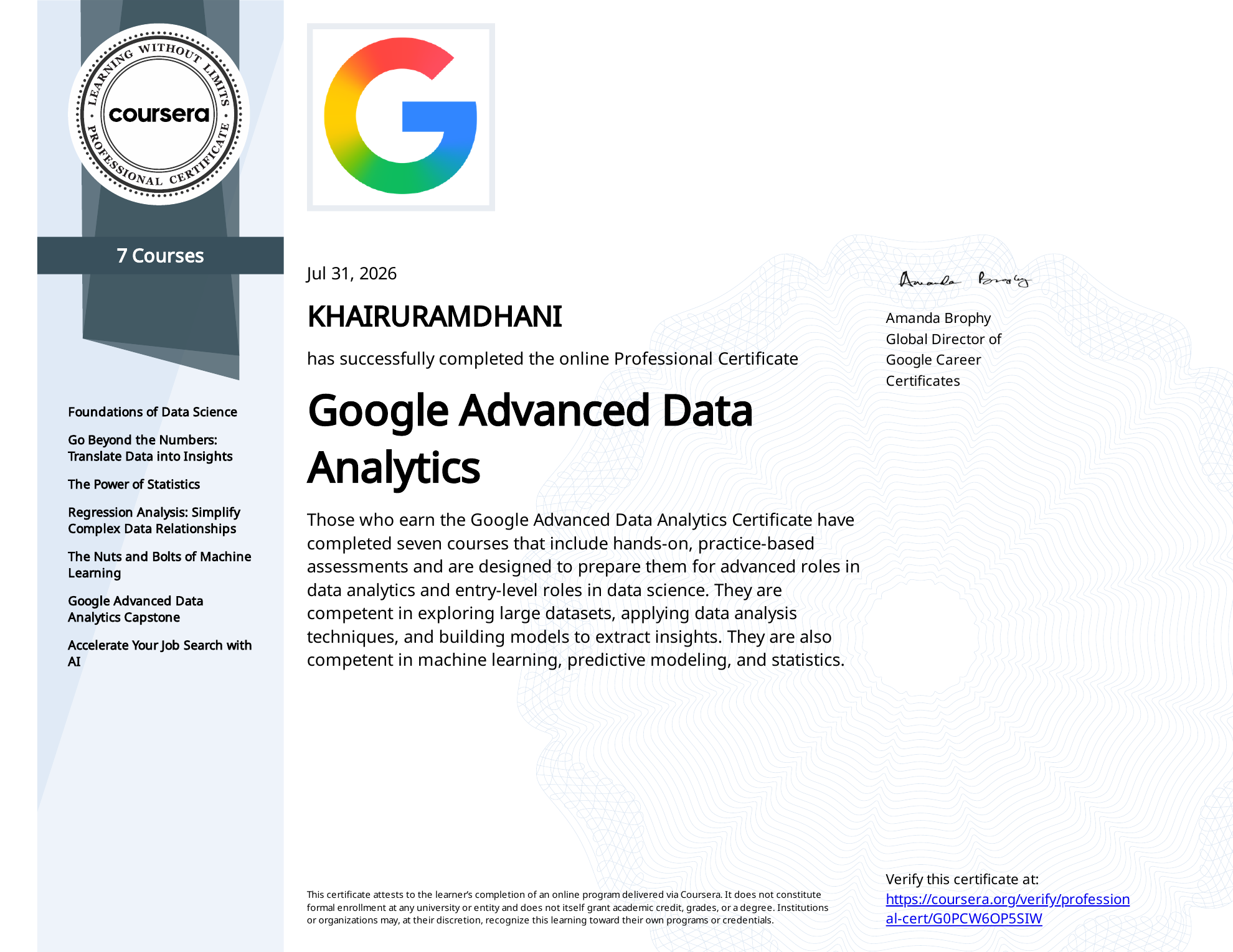 Coursera Professional Certificate — Google Advanced Data Analytics