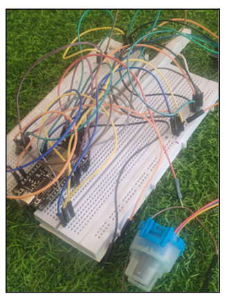 Real FishFeed ESP32 and sensor wiring on a breadboard