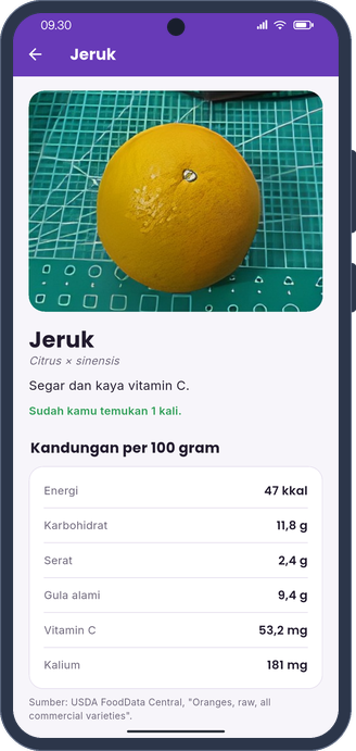 Buah-Seru orange card with nutrition per 100 grams