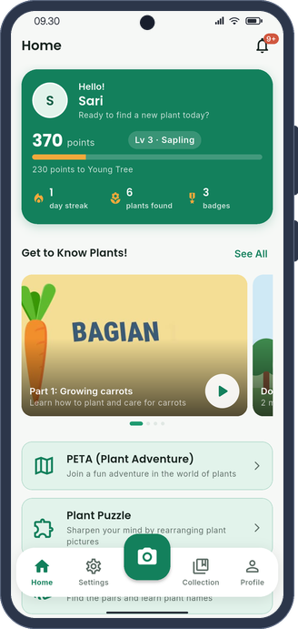 PANDAI home screen with plant-learning activities