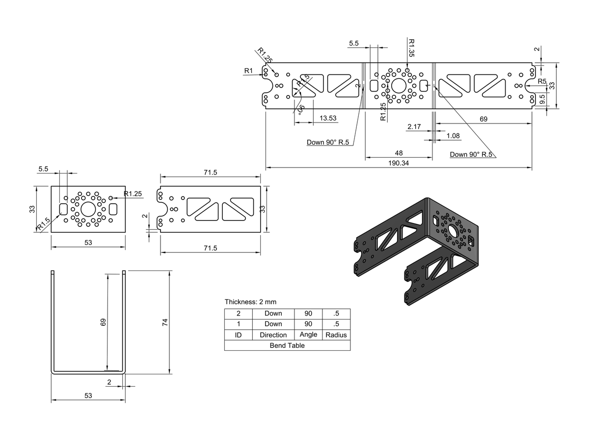 Technical drawing of the large servo mount, variant 2, with dimensions and a 3D view